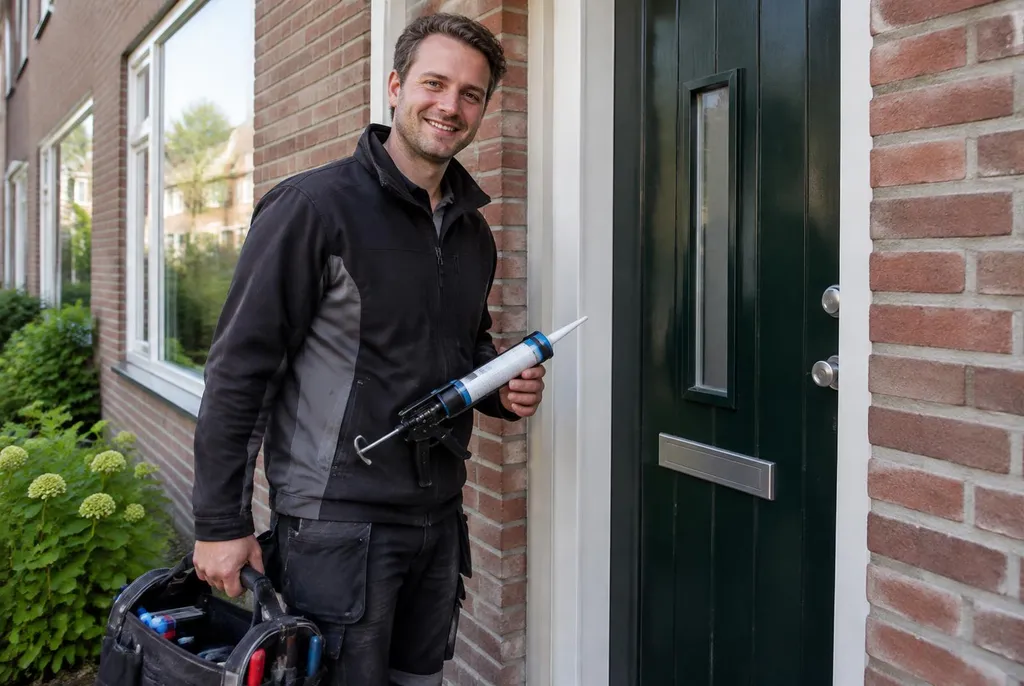 Vakman van Kitbedrijf Schoonhoven bij de voordeur van een woning